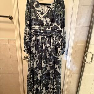 SLNY Long Sleeve Floral Dress in Blue and Green